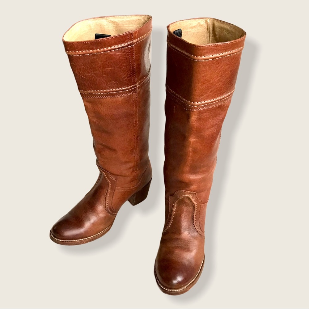 Frye Jane Stitch Leather Heeled Knee High Boots - Picture 10 of 16